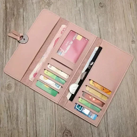 Pink Foldable Long Wallet, Mobile Phone Bag, Snap Button Purse With Card Slots - Picture 3 of 3